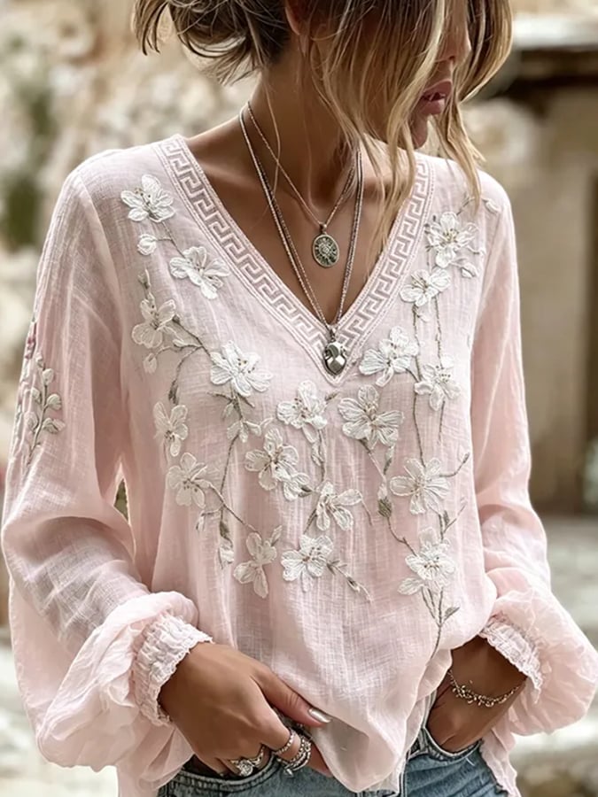 Women's Floral Cotton-Linen Print Top