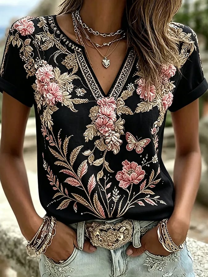 Women's Floral Cotton-Linen Print Top