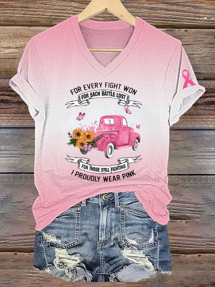 Women's For Every Fight Won For Each Battle Lost For Those Still Fighting I Proudly Wear Pink Breast Cancer Awareness Print T-Shirt