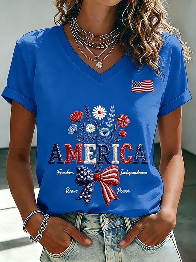 Women's 250th Anniversary Flower Art Print Casual V-Neck Vest