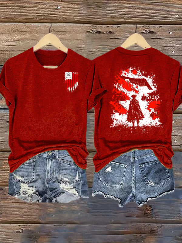 Women's Round-Neck 250 US Flag Print T-Shirt