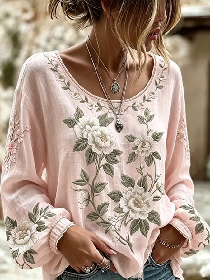 Women's Floral Cotton-Linen Print Top