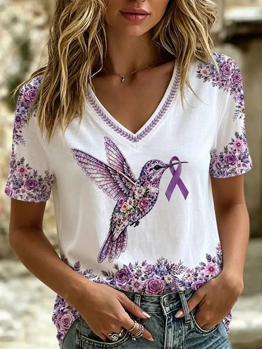 Women's Alzheimer's Awareness Support Purple Floral & Hummingbird Print T-shirt