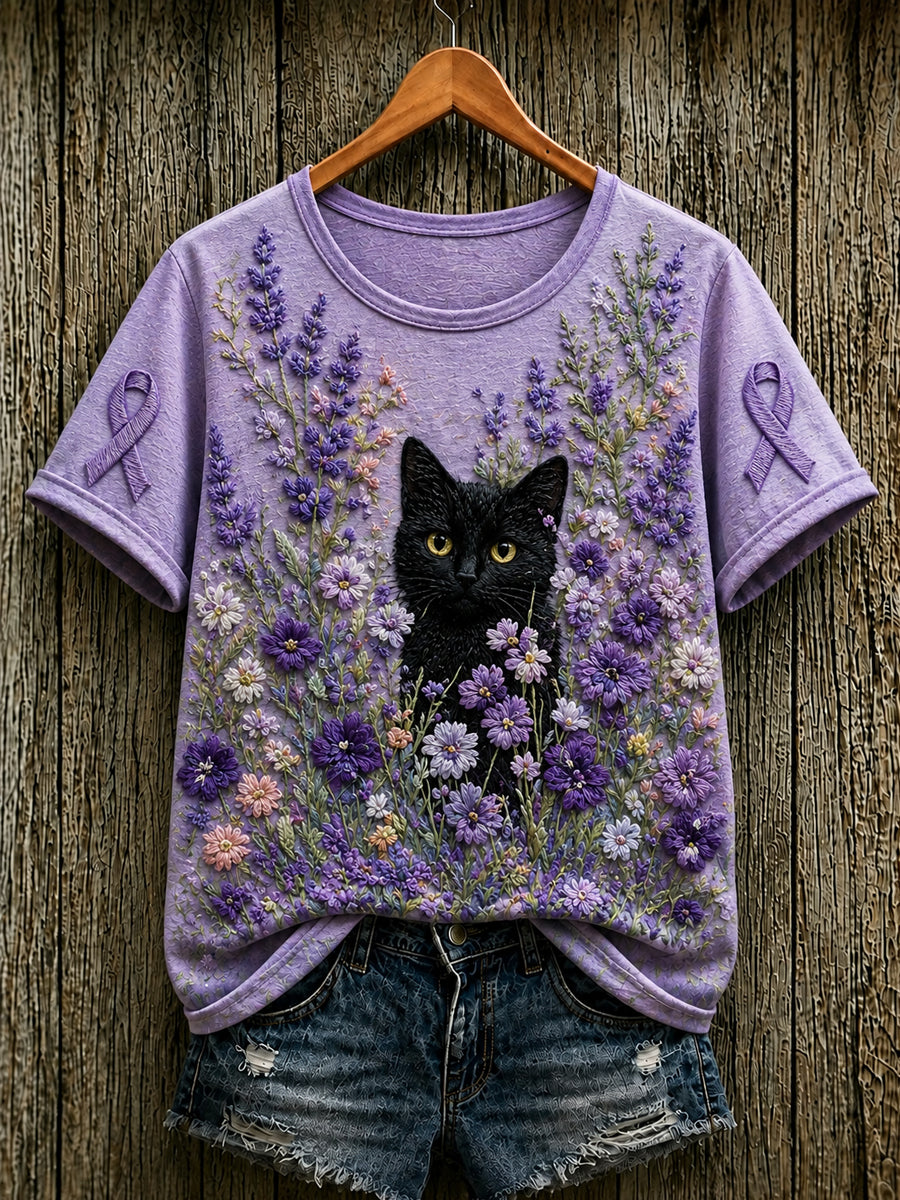 Women's Alzheimer's Awareness Support Purple Floral & Cat Print Short-sleeved T-shirt