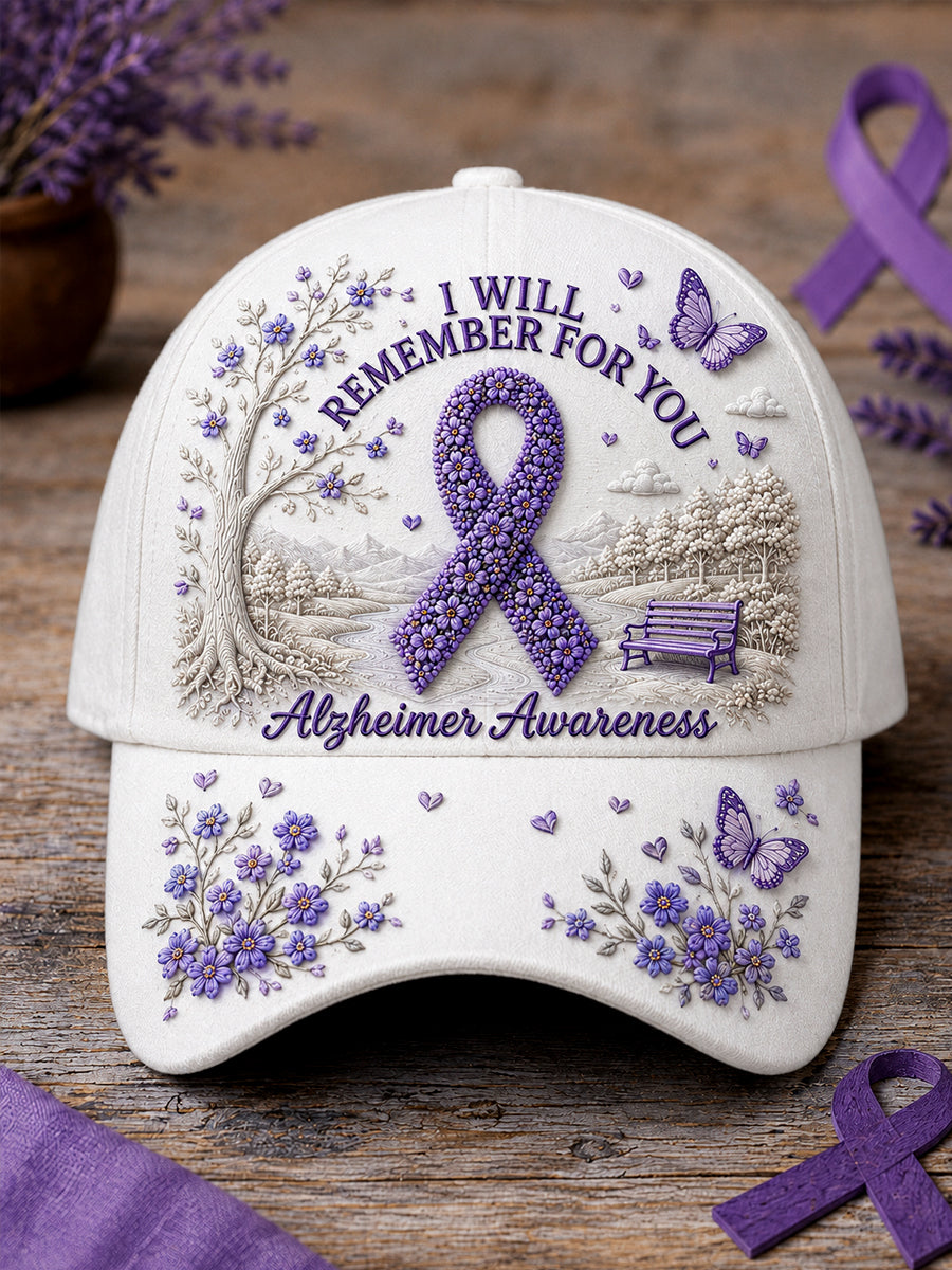 Unisex Purple Ribbon I Will Remember For You Print Alzheimer's Awareness Support Hat