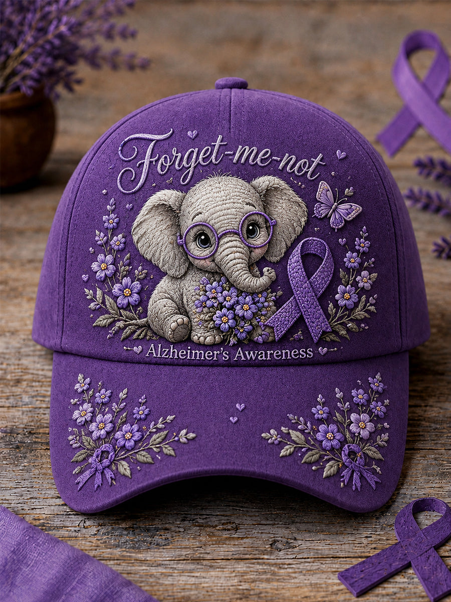 Unisex Purple Ribbon Elephant Forget-Me-Not Print Alzheimer's Awareness Support Hat