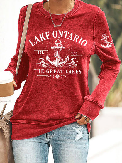 Retro Lake Ontario Est 1615 The Great Lakes Print Sweatshirt