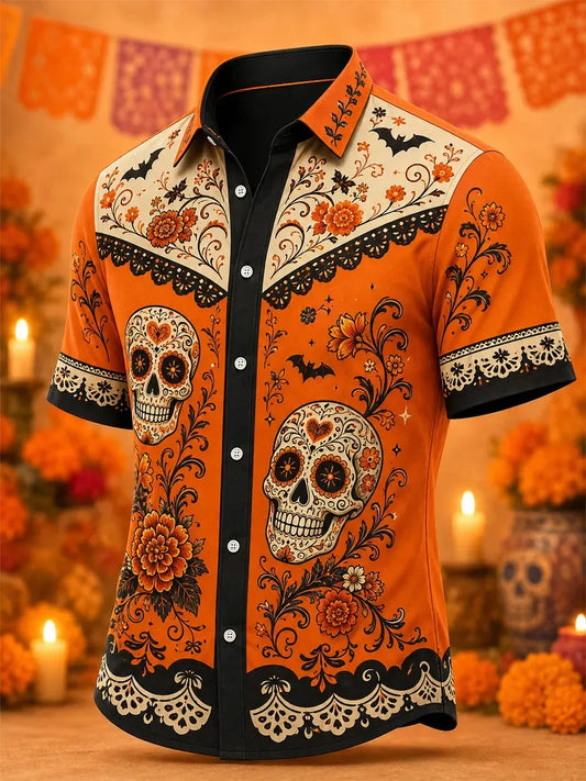 Men's Day Of The Dead Heart‐Ornament Skulls Floral Bat Print Short Sleeve Buttons Shirt