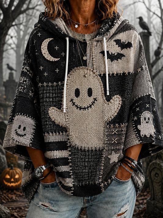 Women's Halloween Cute Ghost Patchwork Print Casual 3/4 Sleeve Hoodie