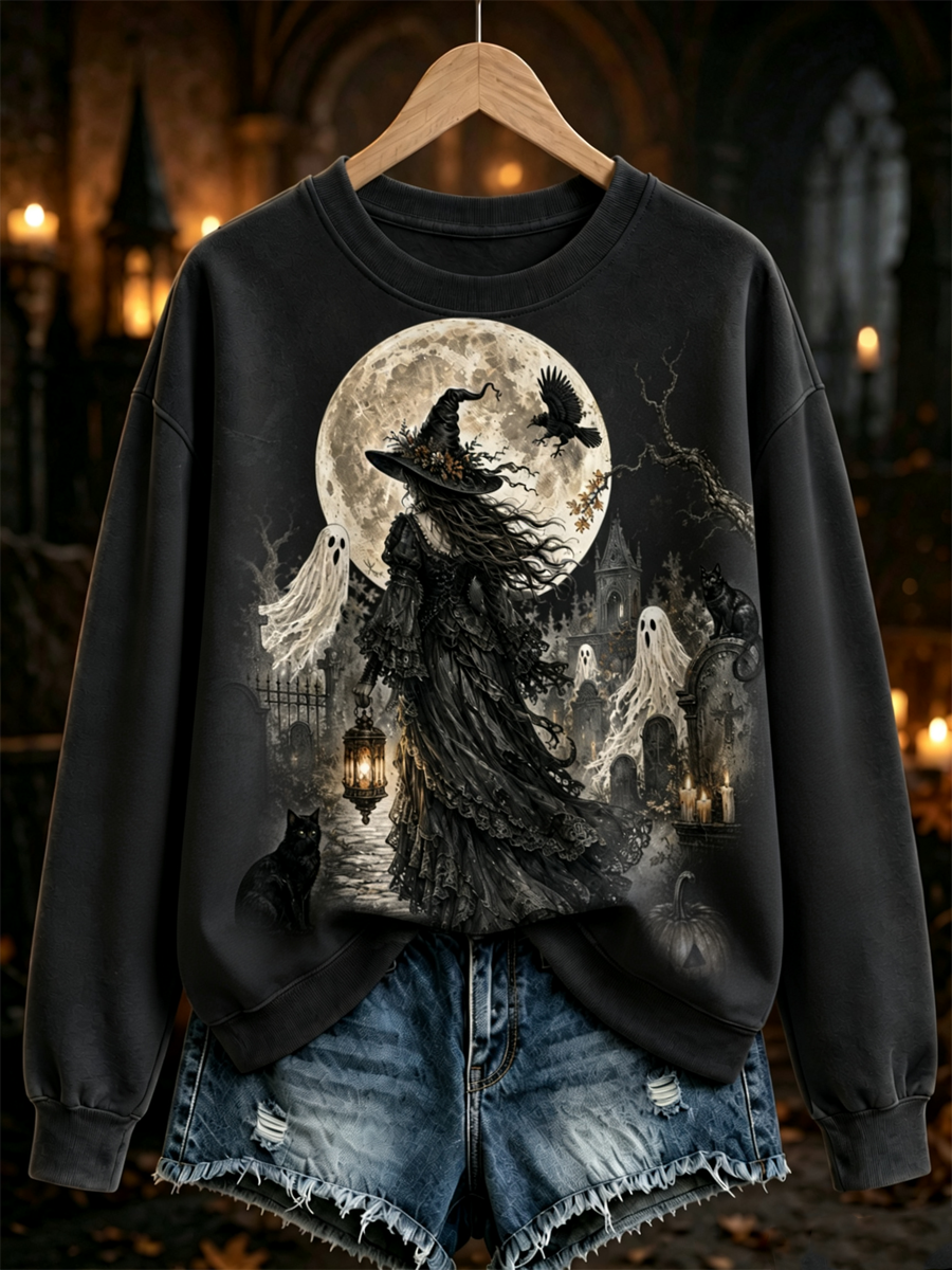 Women's Halloween witch print Regular Sweatshirt