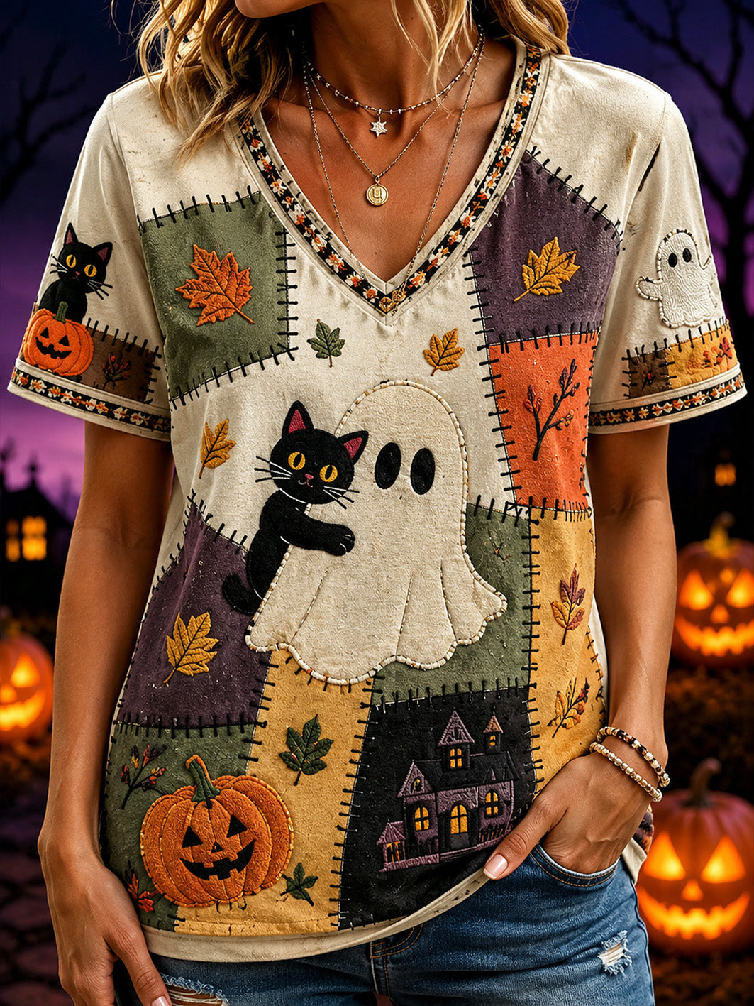 Women's Halloween Boo And Cat Pattern Printed Casual Short Sleeve T-Shirt