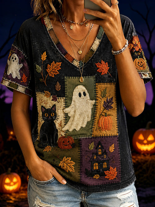 Women's Halloween Boo And Cat Pattern Printed Casual Short Sleeve T-Shirt