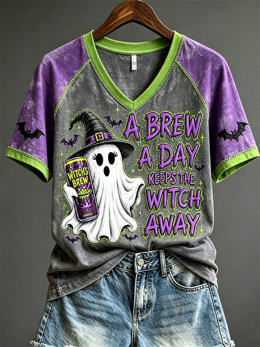 Women's Halloween A Brew A Day Keeps the Witch Away Ghost Print short-sleeved T-shirt