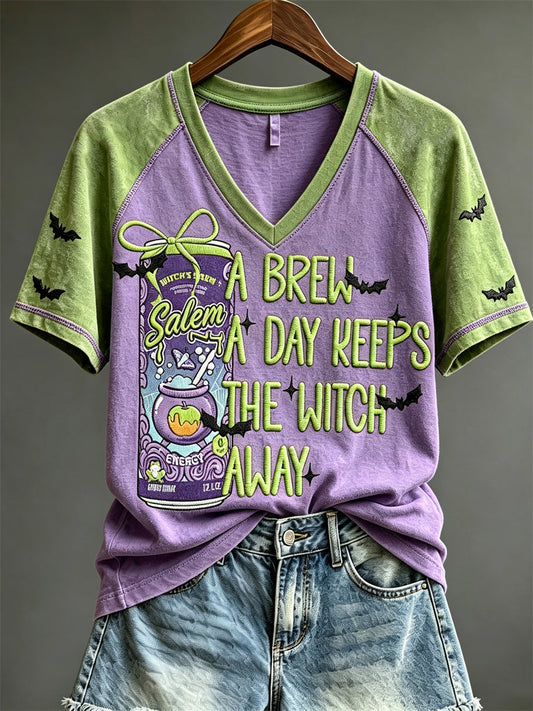Women's Halloween A Brew A Day Keeps the Witch Away Drink Print short-sleeved T-shirt