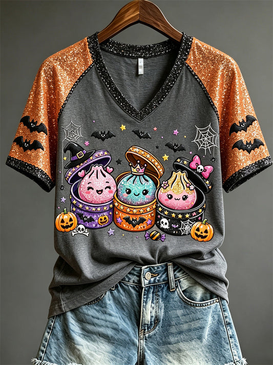 Women's Halloween Glitter Bun Dumplings Print short-sleeved T-shirt