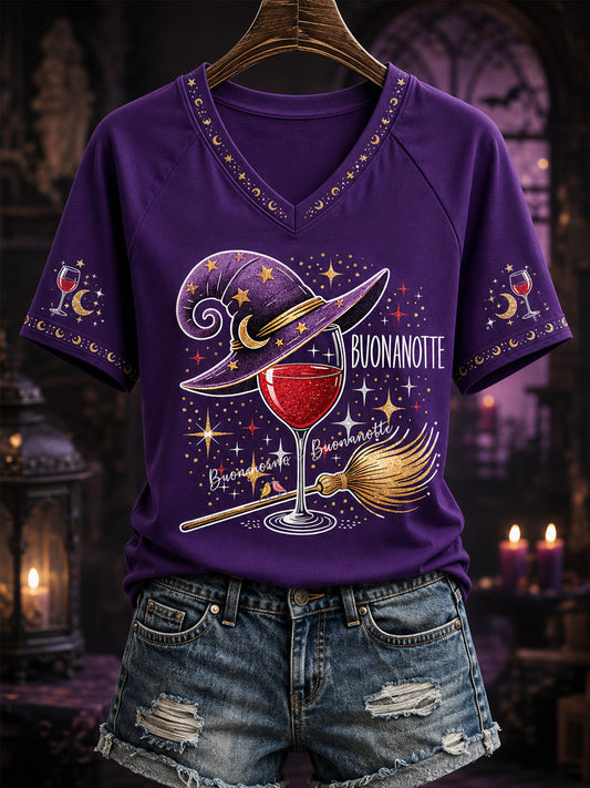 Women's Funny Halloween Buonanotte Wine Glass Print Casual V-Neck Tee