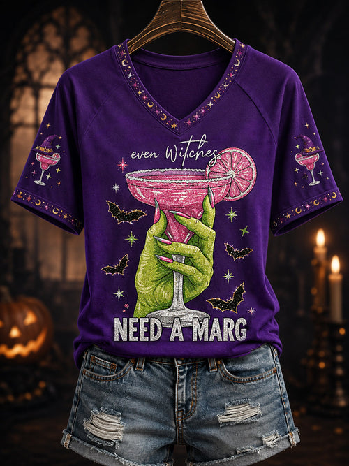 Women's Funny Halloween Even Witches Need A Margarita Print Casual V-Neck Tee