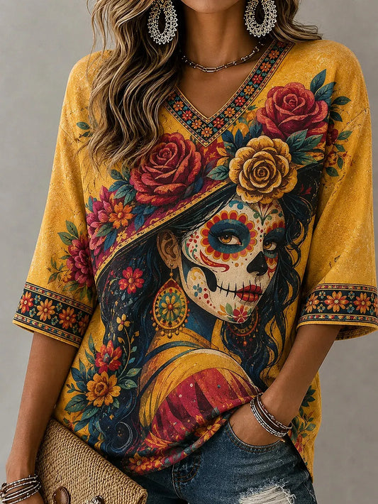 Women's Day Of The Dead Painted‐Face Catrina Big Hat Surrounding Flower Print Mid-length Sleeves V-Neck T-Shirt