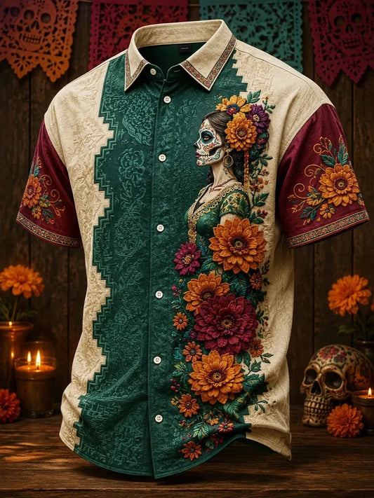 Men's Day Of The Dead Print Short Sleeve Buttons Shirt