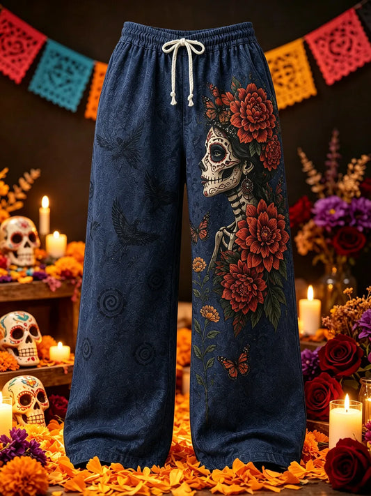 Men's Day Of The Dead Calavera Skeleton Dahlia Butterfly Raven Print Pants