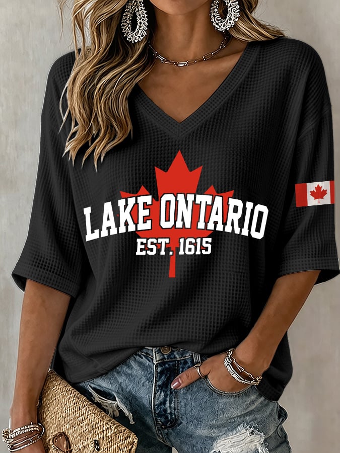 V-Neck Retro Lake Ontario Est. 1615 Canadian Lake Print T-Shirt