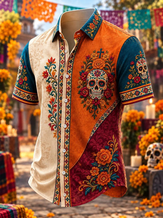 Men's Day Of The Dead Print Short Sleeve Buttons Shirt