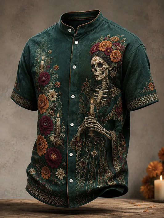 Men's Day Of The Dead Skeleton Woman Ritual Blooms Graphic Stand Collar Short Sleeve Shirt