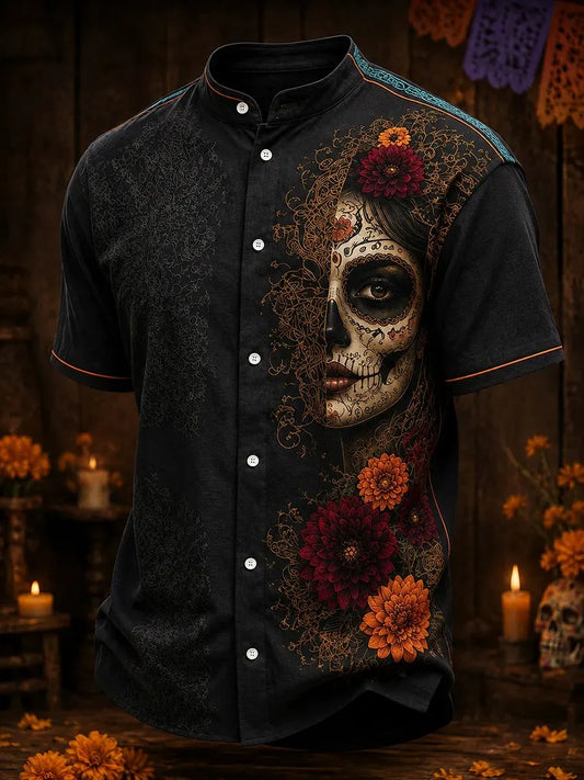 Men's Day Of The Dead Mysterious Half Skull Face And Floral Print Stand Collar Short Sleeve Shirt