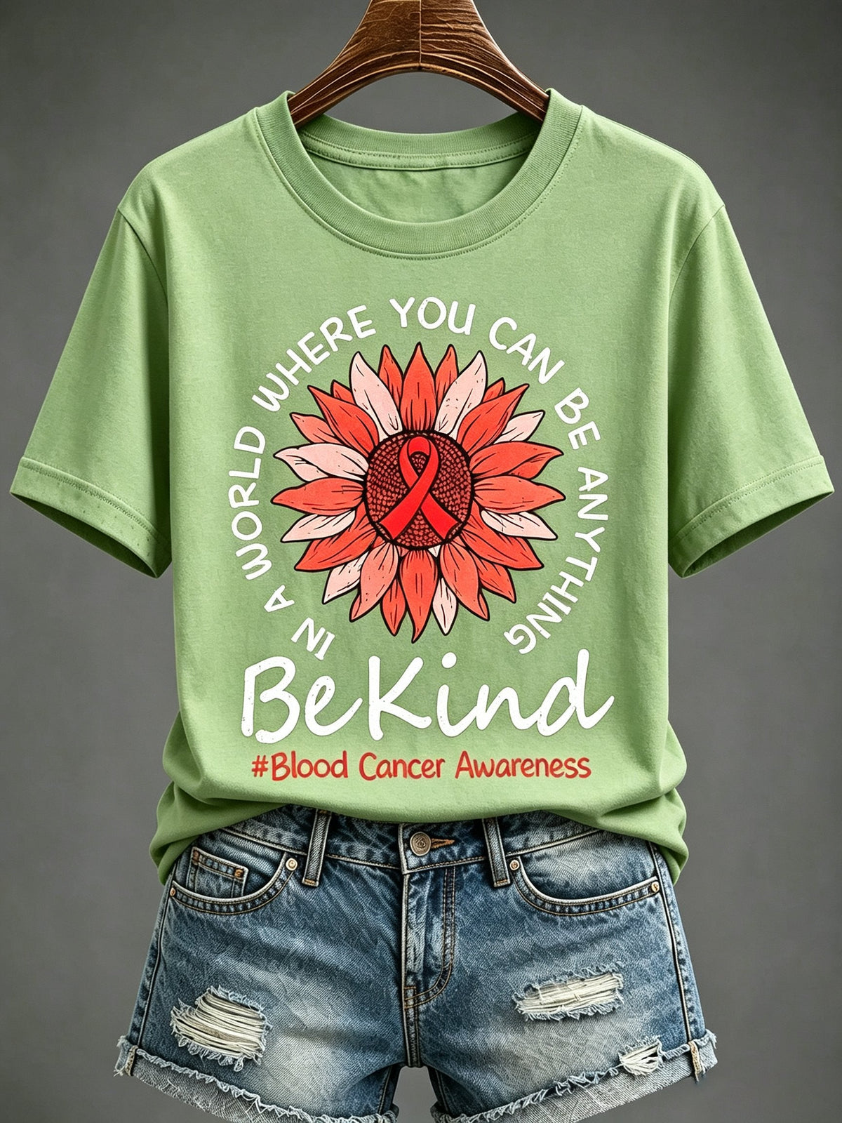 Women'S Blood Cancer Red Ribbon Health Awareness Round Neck T-Shirt