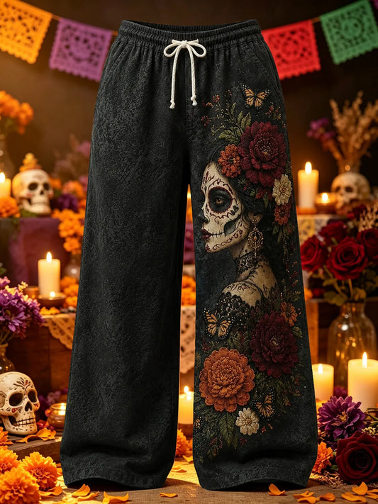Men's Day Of The Dead Skull Lady Marigold Rose Monarch Butterfly Print Pants