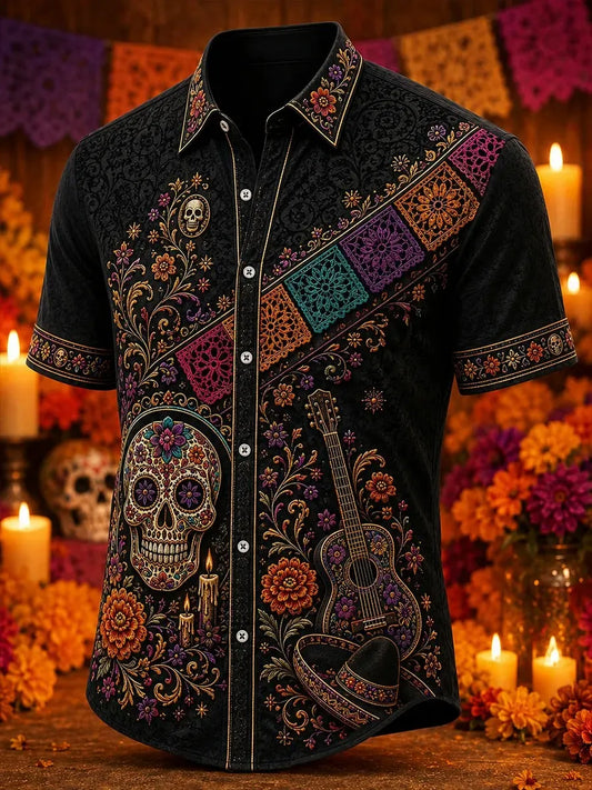 Men's Day Of The Dead Calavera Skull Guitar Colorful Flags Floral Print Short Sleeve Buttons Shirt