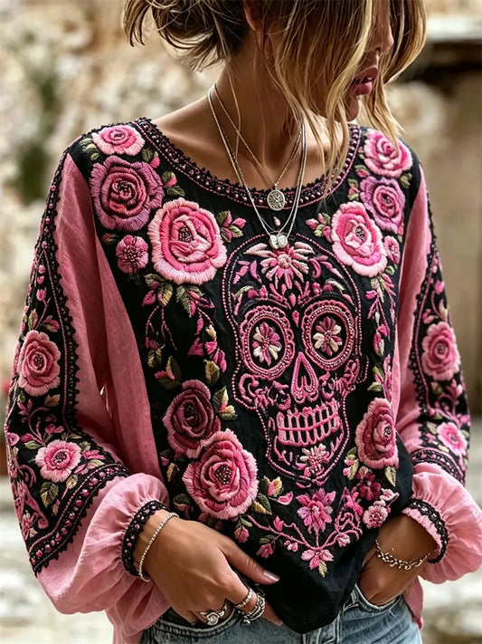 Women's Day of the Dead Sugar Skull Pink Rose Print Lantern Sleeve Top