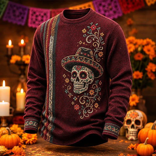 Men's Colorful Vertical Stripes And Calavera Print Crew Neck Long Sleeve Waffle Sweatshirt