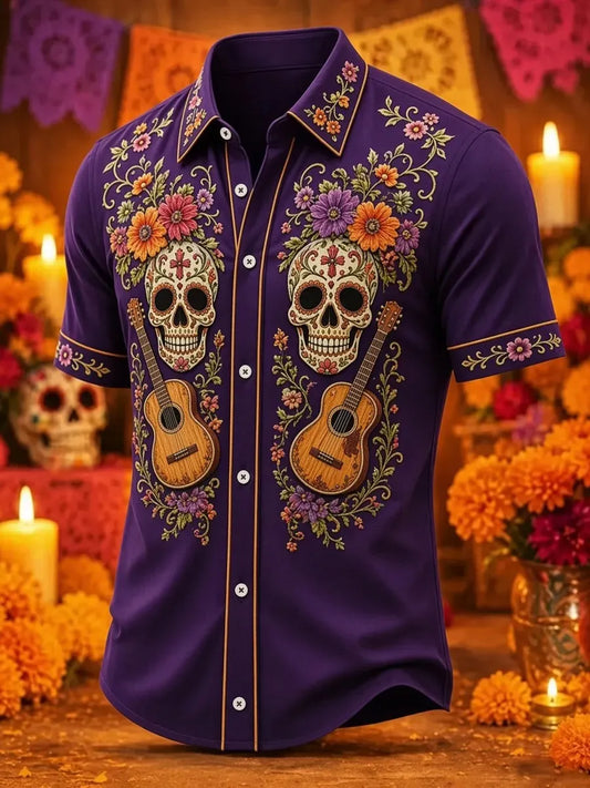 Men's Day Of The Dead Twin Skull Guitar Mixed‐Petal Floral Print Short Sleeve Buttons Shirt