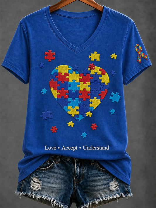 Women'S Casual V-Neck Top With Autism Awareness Print