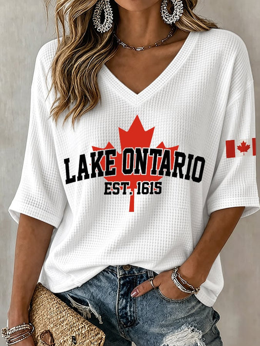 V-Neck Retro Lake Ontario Est. 1615 Canadian Lake Print T-Shirt