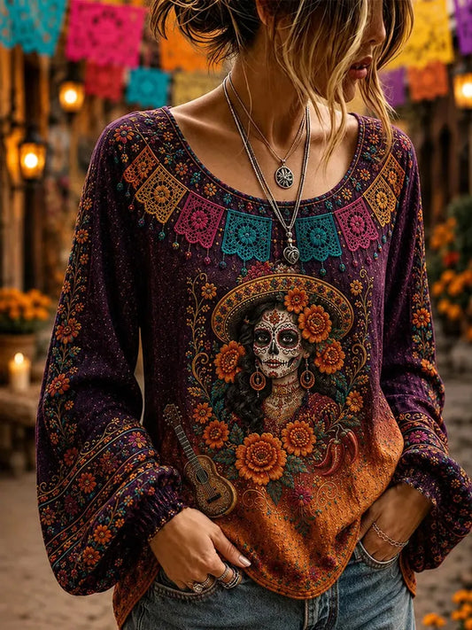 Women's Day of the Dead Ombre Folklore Skull Lady Guitar Papel Picado Print Lantern Sleeve Top