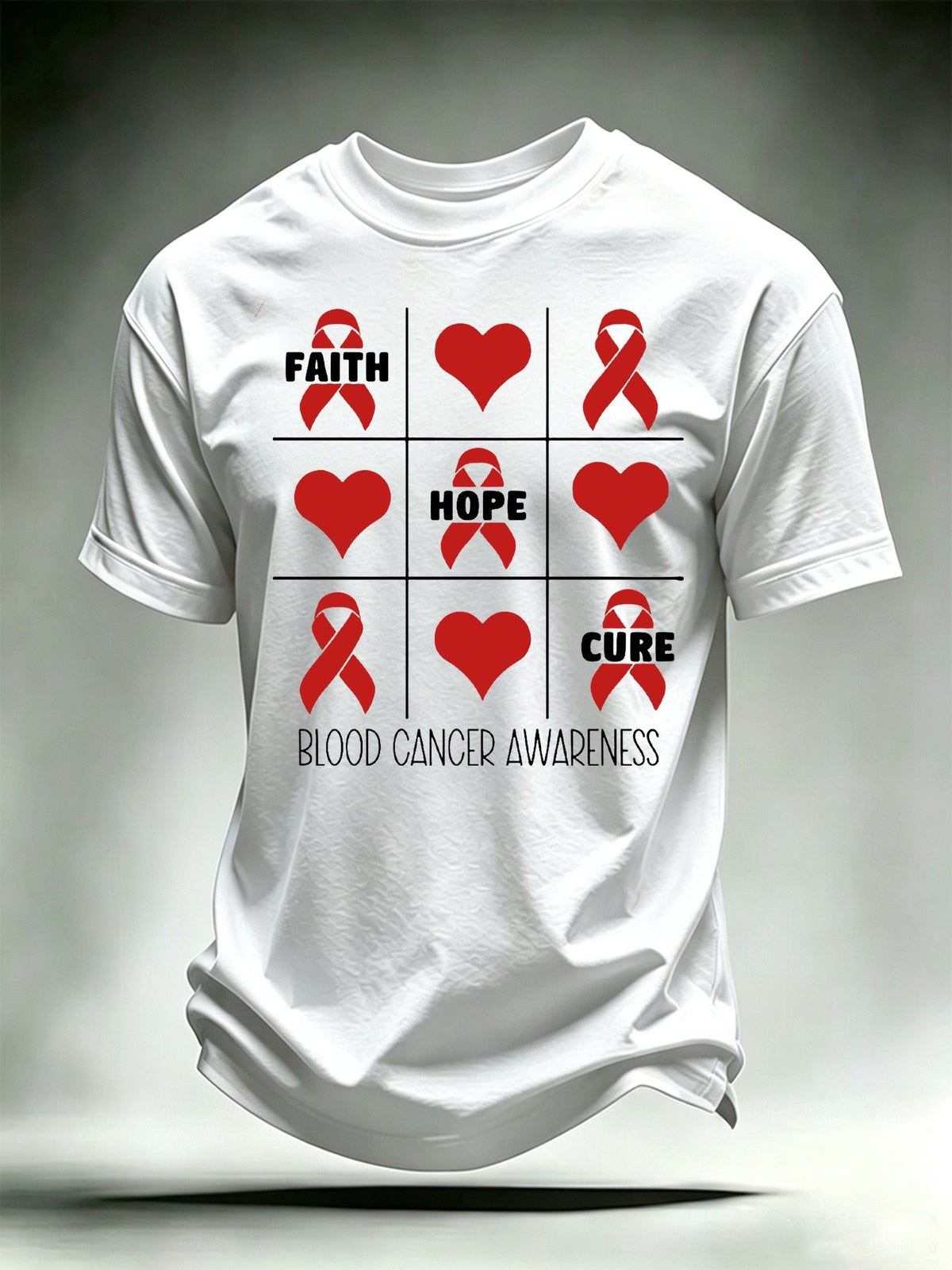 Men's T-shirts with designs promoting awareness of blood cancers