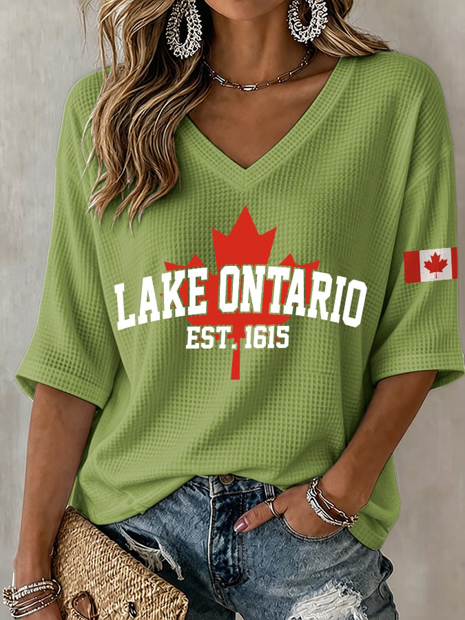 V-Neck Retro Lake Ontario Est. 1615 Canadian Lake Print T-Shirt