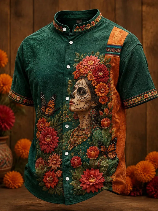 Men's Day Of The Dead Catrina Portrait With Monarch Butterflies And Dahlias Print Stand Collar Short Sleeve Shirt