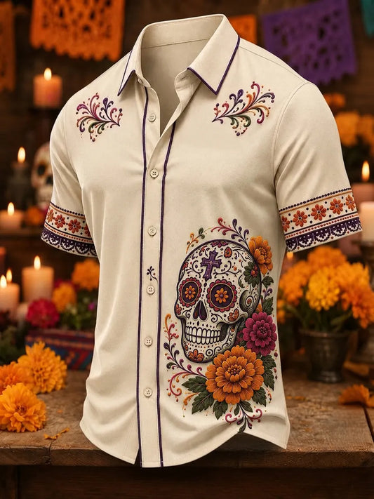 Men's Day Of The Dead Cross‐Patterned Sugar Skull And Marigolds Print Short Sleeve Buttons Shirt
