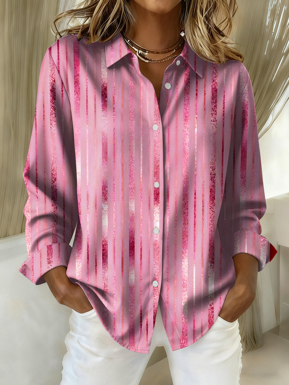 Women's Pink Striped Print Shirt Top