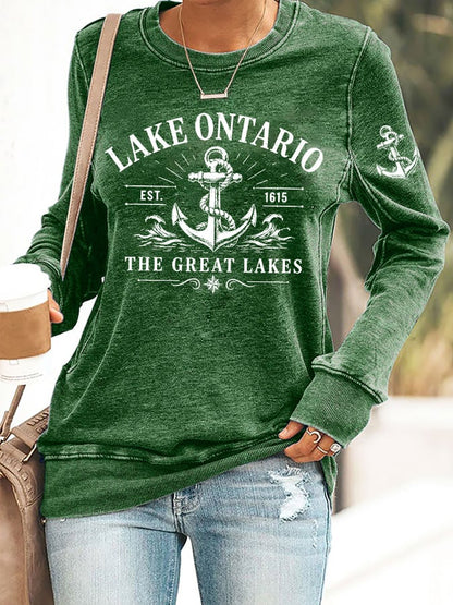 Retro Lake Ontario Est 1615 The Great Lakes Print Sweatshirt