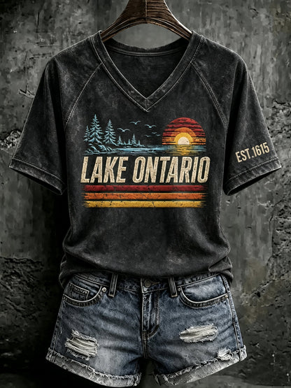 V Neck Retro Lake Ontario Est 1615 Print T-Shirt