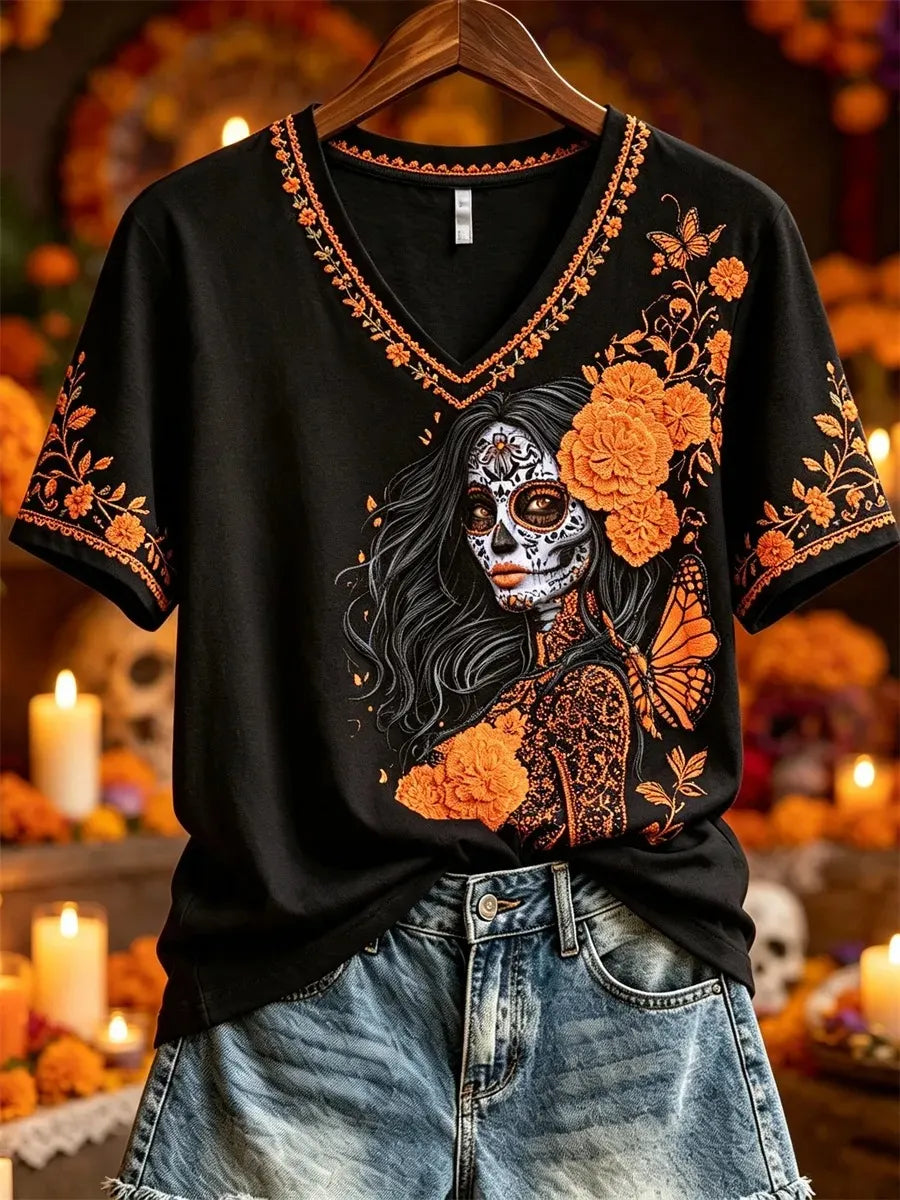 Women's Day Of The Dead Floral Sugar Skull Portrait Print V-Neck T-Shirt