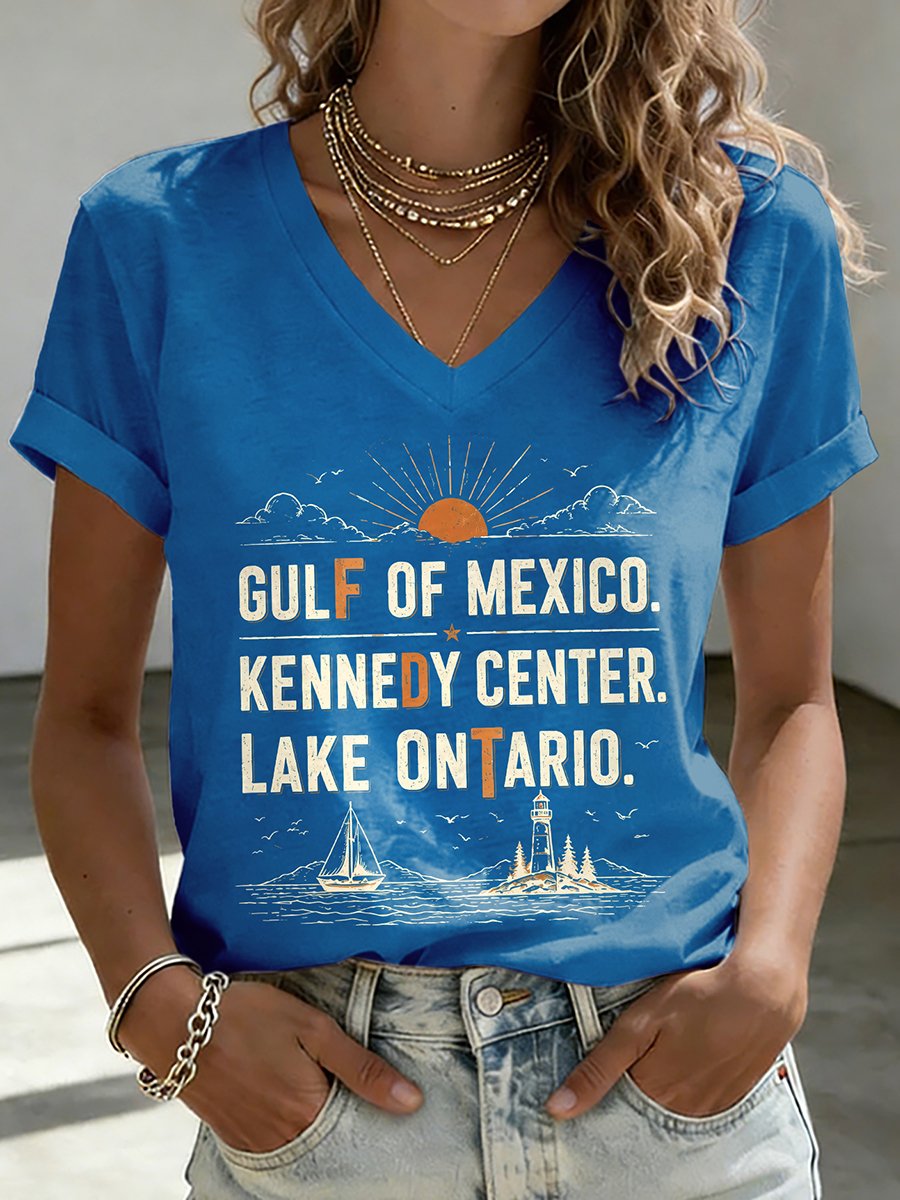 V-Neck Retro FDT Gulf Of Mexico. Kennedy Center. Lake Ontario. Print T-Shirt