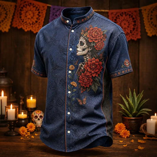 Men's Floral Calavera Lady Portrait Day of the Dead Print Stand Collar Short Sleeve Shirt