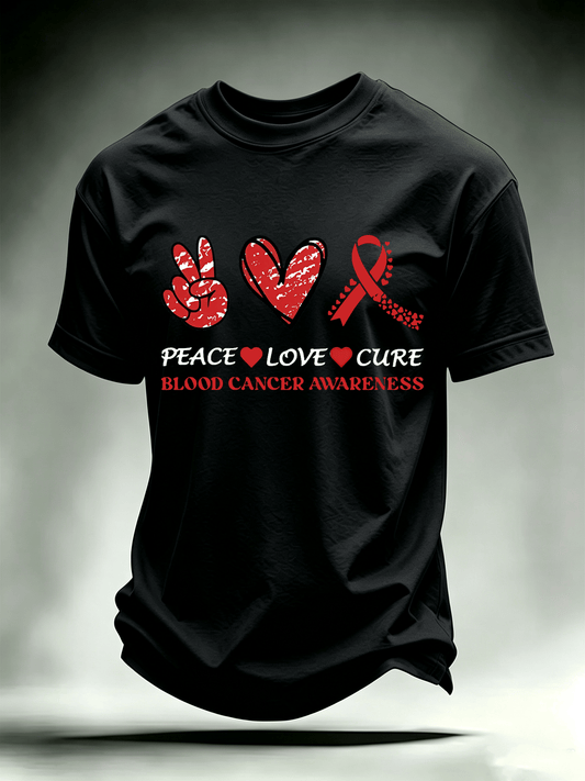 Men's T-shirts with designs promoting awareness of blood cancers
