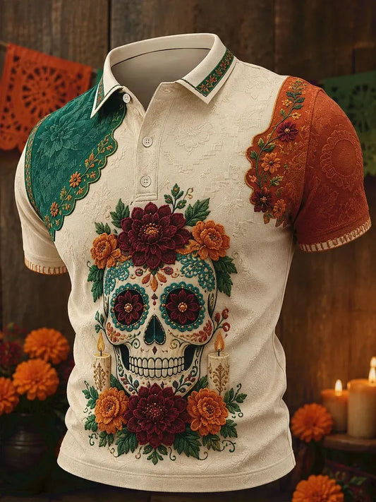 Men's Day Of The Dead Skull Dahlia Candle Print Short Sleeve Polo Shirt