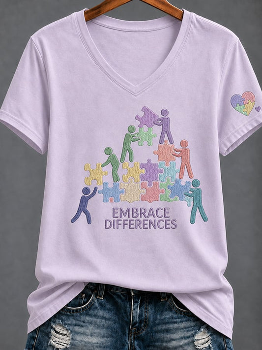 Women'S Casual V-Neck Top With Autism Awareness Print